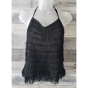 Sequin & Fringe Black Halter